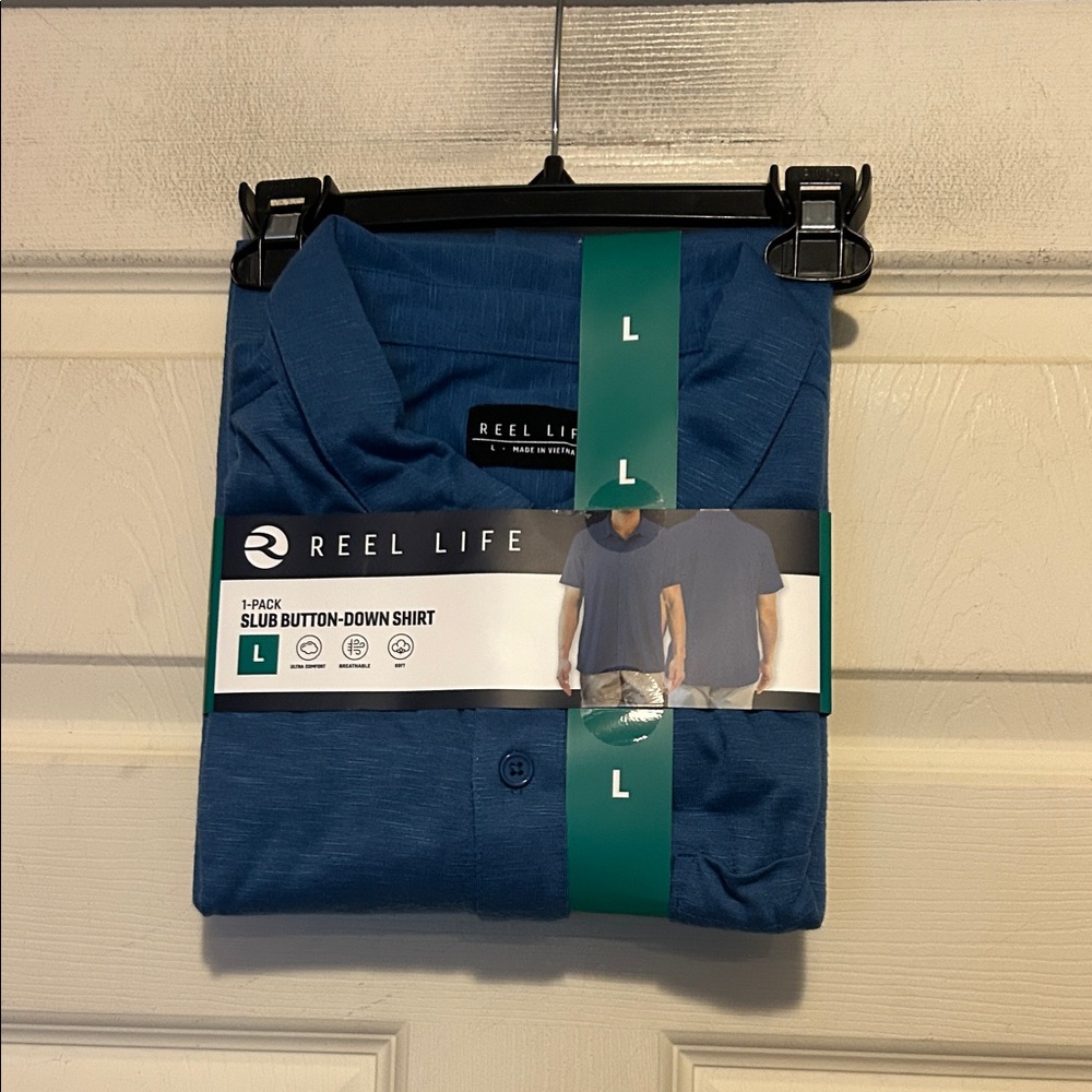 Reel Life Blue Slub Button Down Shirt Size Large